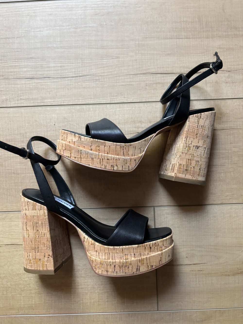 Steve Madden Black Platform Cork Block Heel Sandals